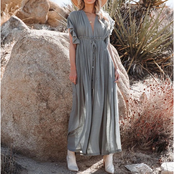 #9 SHEER Gorgeous Green Bohemian Button Vacation Flowy Ruffle Resort Maxi Dress - Picture 3 of 5